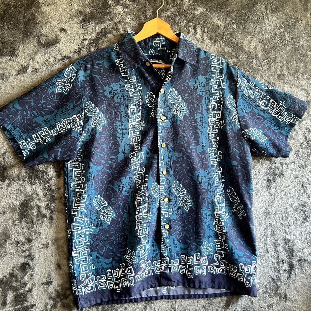 Extreme Gear Shirt Mens M Blue Hawaiian Tribal Button Up Camp‎ Made Korea Vtg